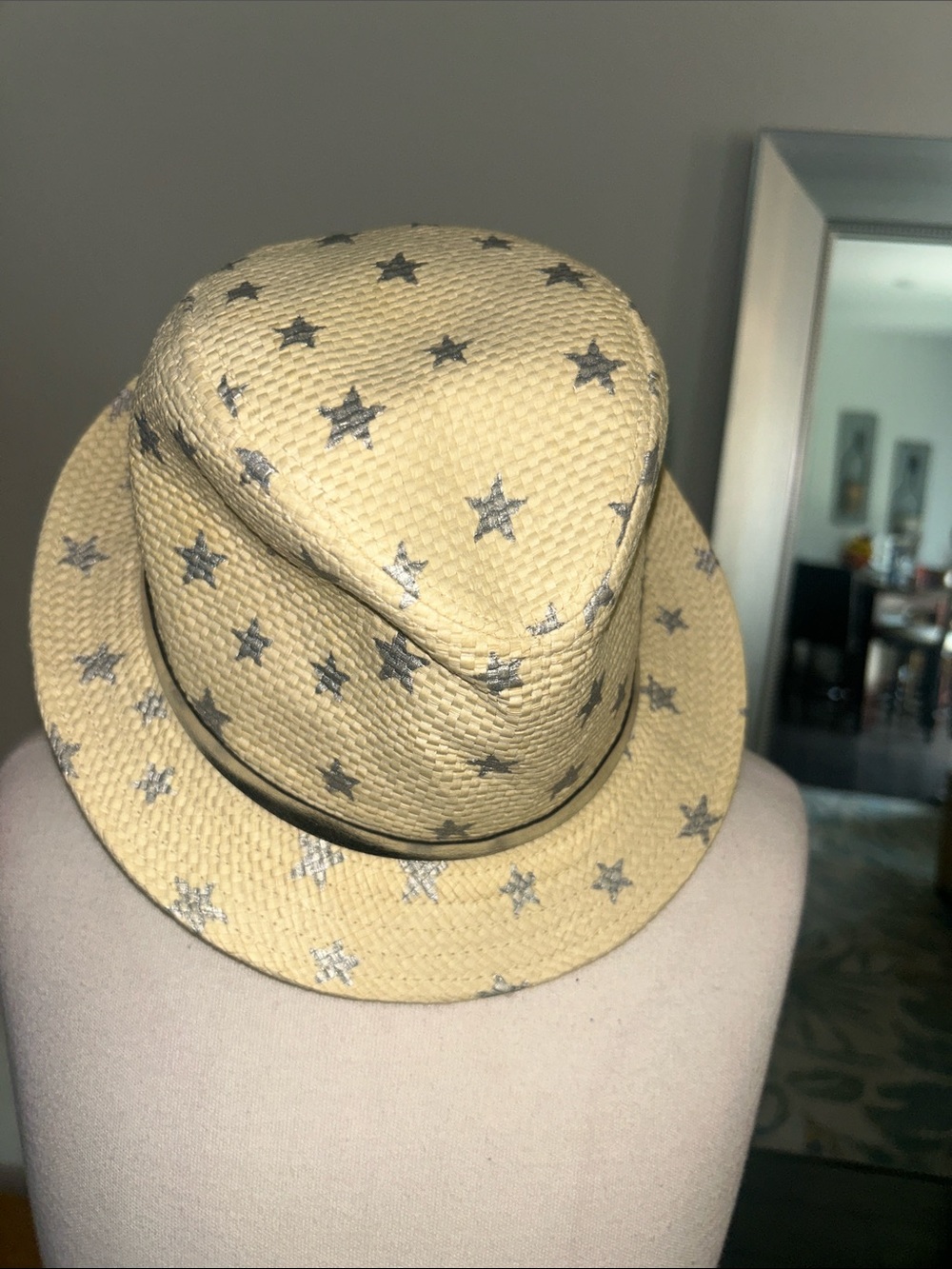 Straw Fedora Style with Silver Star Print